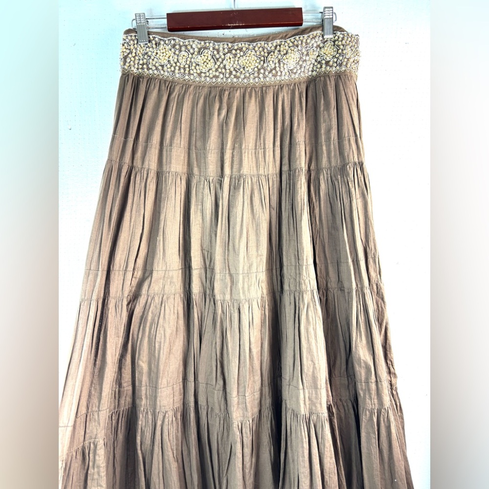 BCBGMaxAzria S Cotton Tiered Brown Embellished Beaded Waist Midi Skirt - Picture 7 of 12